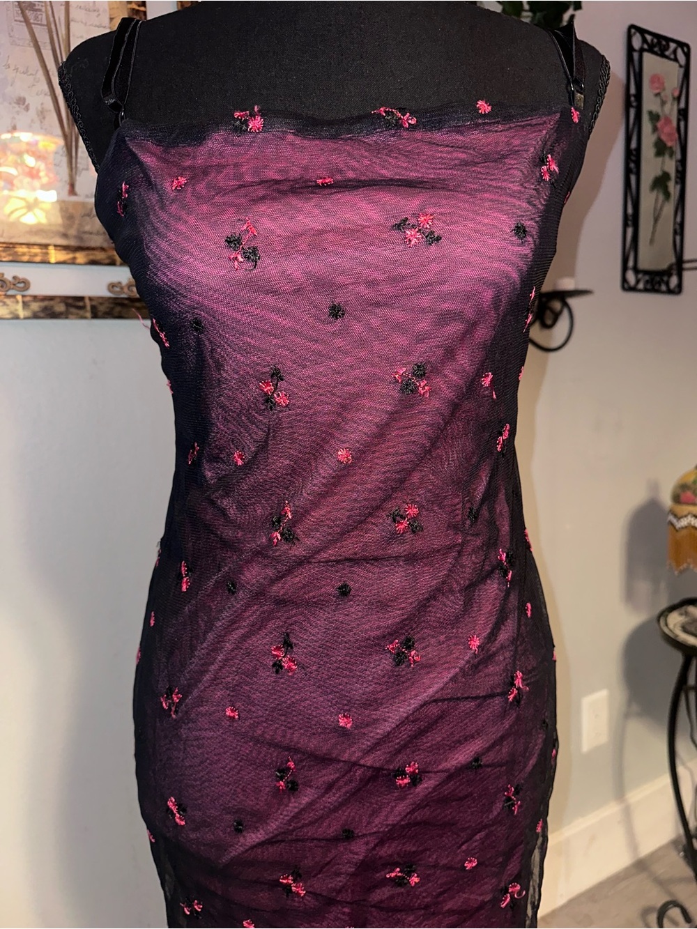 Vtg 90s Laundry By Shelli Segal Black Mesh Midi Dress with Pink Embroidery, Sz 8 - Picture 3 of 5